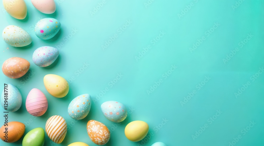Obraz premium Bright and colorful Easter eggs scattered on a turquoise background. Pastel and bold hues, glossy and matte textures, lively composition, even lighting, fresh spring theme, and joyful festive mood.