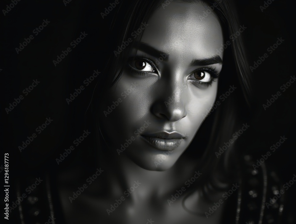 High-contrast black and white portrait of intense gaze High-contrast black and white portrait of intense gaze