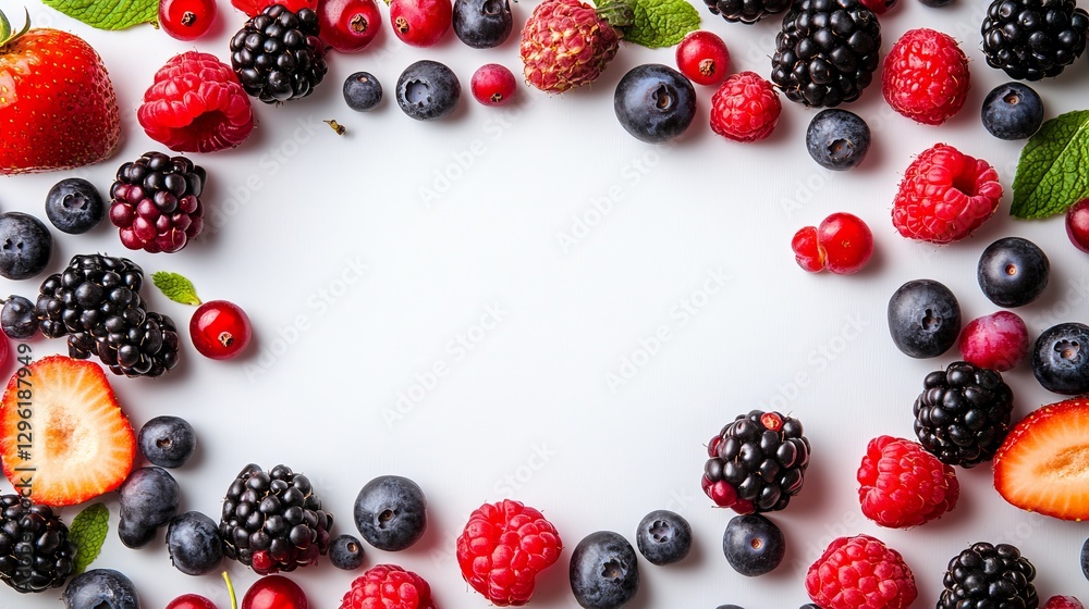 Various berries arranged as a frame on a white background