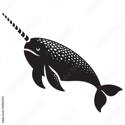 Spiraled Narwhal silhouette, showcasing nature’s masterpiece - Narwhal illustration - Minimalist Narwhal vector - Fish silhouette
