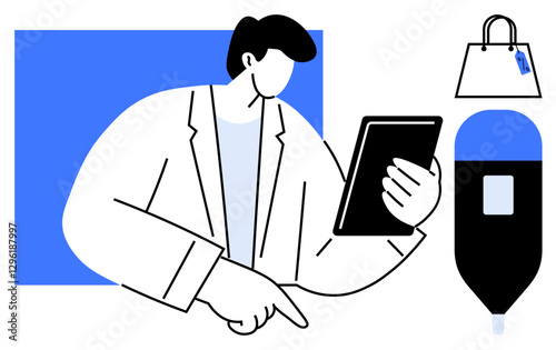 Doctor reviewing patient data on a tablet while pointing. Drip bag and shopping bag with tag in the background. Ideal for medical, technology, e-commerce, multitasking, healthcare, digital solutions