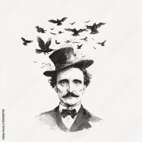vector style illustration of a character representing Edgar Allan Poe