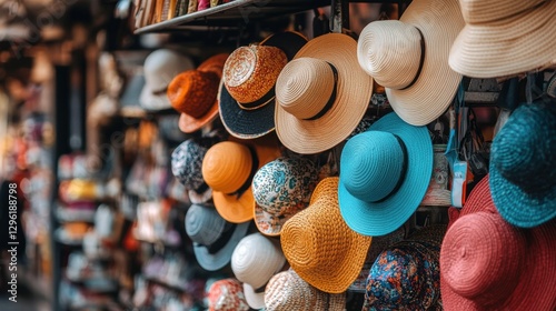 Colorful Summer Hats Displayed at Market Stall