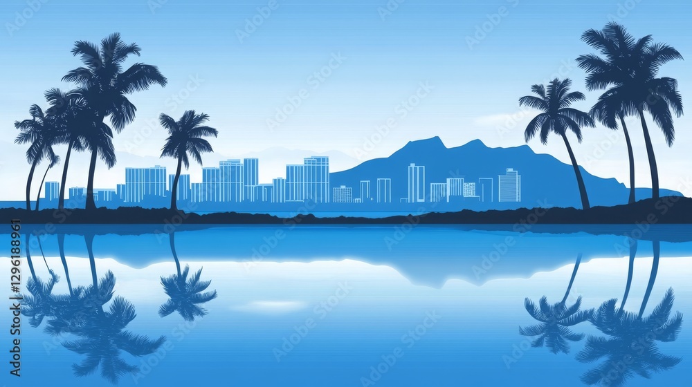 Naklejka premium Honolulu skyline silhouette with reflection at sunset over ocean. Beautiful tropical cityscape of Honolulu, Hawaii, in vector illustration, vibrant colors reflected in the water.
