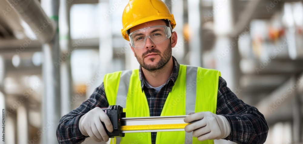 A construction worker in a safety vest and hard hat holds a measuring tool, ready for precise measurements in an industrial setting. A construction worker in a safety vest and hard hat holds a measuring tool, ready for precise measurements in an industrial setting.