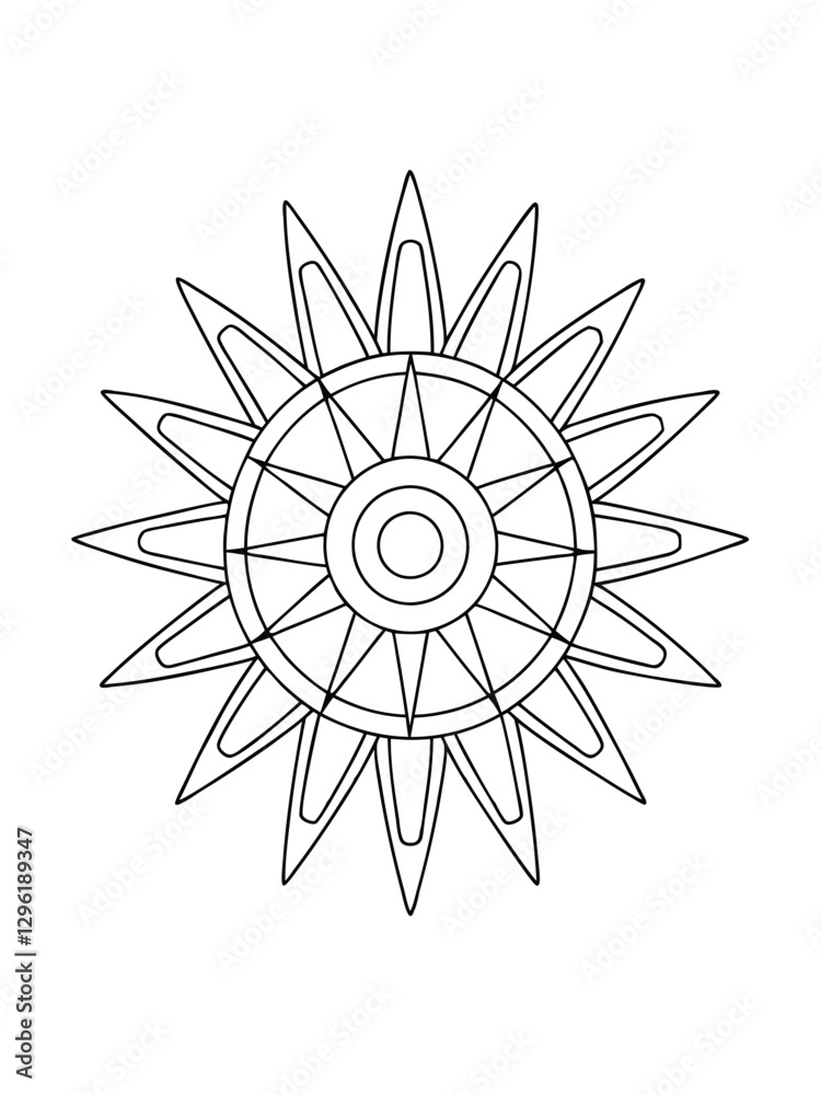 Tribal Mandala Sun with Radiating Rays – Adult Coloring Page on White Background Tribal Mandala Sun with Radiating Rays – Adult Coloring Page on White Background