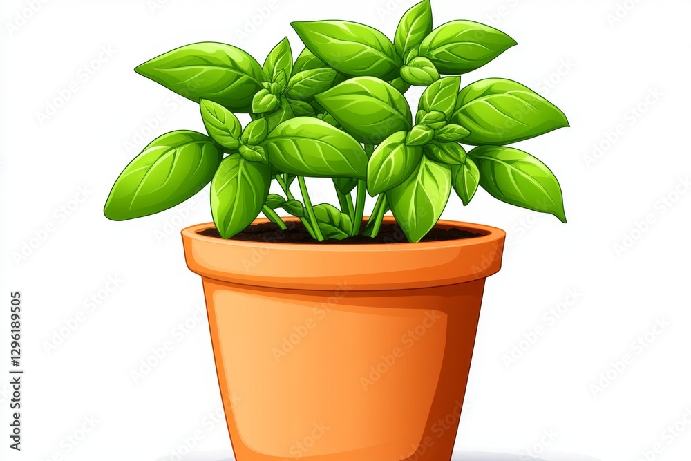 a 2D cartoon illustration of a potted basil plant with green leaves, fresh and aromatic, white background a 2D cartoon illustration of a potted basil plant with green leaves, fresh and aromatic, white background