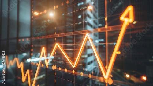 Glowing upward arrow graph on digital screen symbolizing positive company growth and future outlook, representing business success and financial progress.