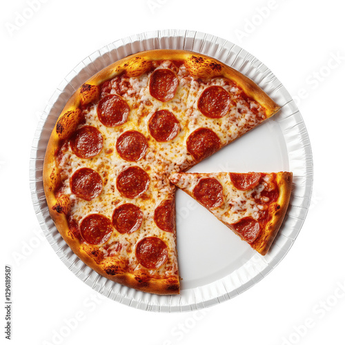 Freshly sliced pepperoni pizza on paper plate, top view, isolated on transparent background.