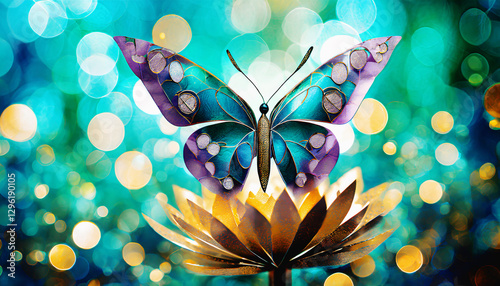 illustrazione di coloratissime farfalle su sfondo di luci e colori surreali photo