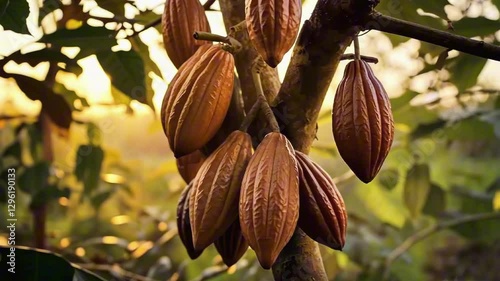 Red orange cocoa pods on a tree in the rays of the setting sun close-up. Good harvest of cocoa beans, growing cocoa trees for making chocolate. Cocoa plantation