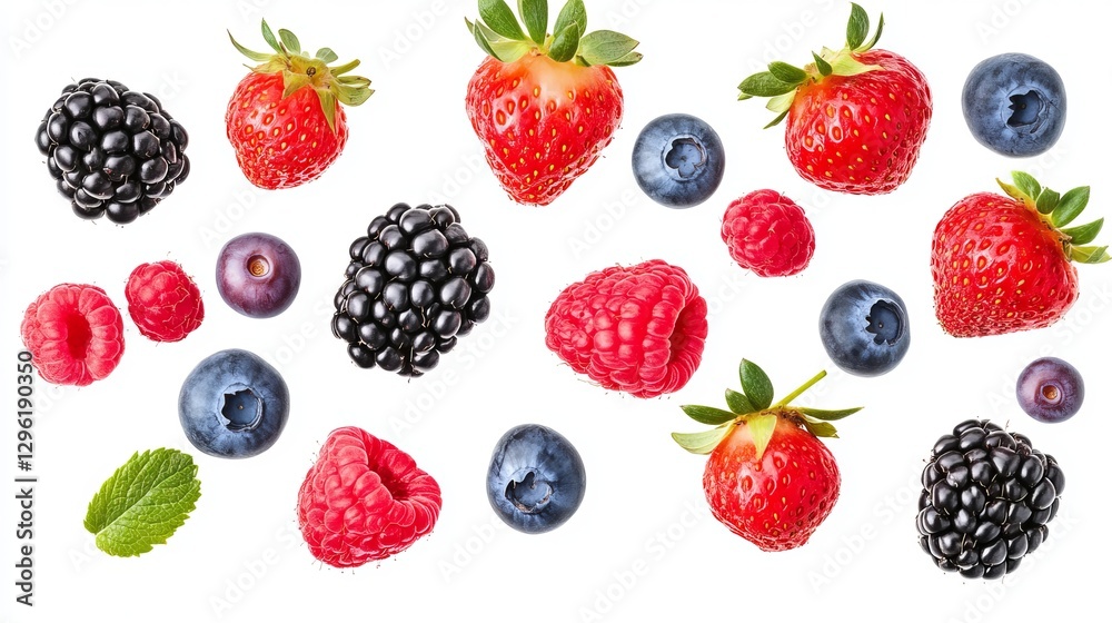 A mix of wild berries including strawberries raspberries blueberries and blackberries falling and isolated on a white background A mix of wild berries including strawberries raspberries blueberries and blackberries falling and isolated on a white background