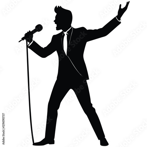 A black silhouette of a male singer passionately performing on stage, holding a microphone 
