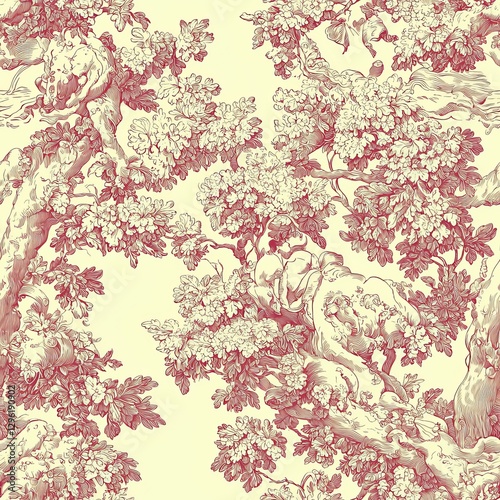 Intricate floral pattern featuring intertwining branches and blossoms on a soft background.