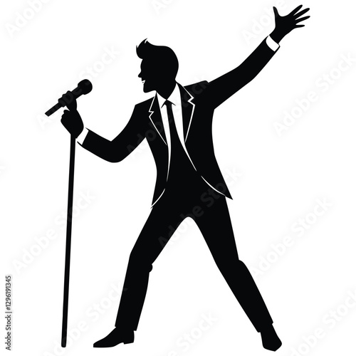 A black silhouette of a male singer passionately performing on stage, holding a microphone 