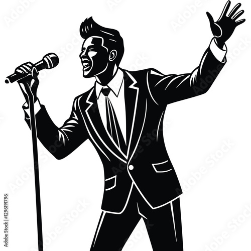 A black silhouette of a male singer passionately performing on stage, holding a microphone 