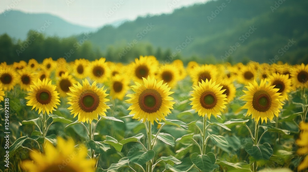 Fototapeta premium Vibrant Sunflower Field Landscape at Sunset