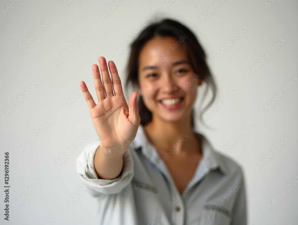 Young woman making stop sign with hand and smiling Young woman making stop sign with hand and smiling