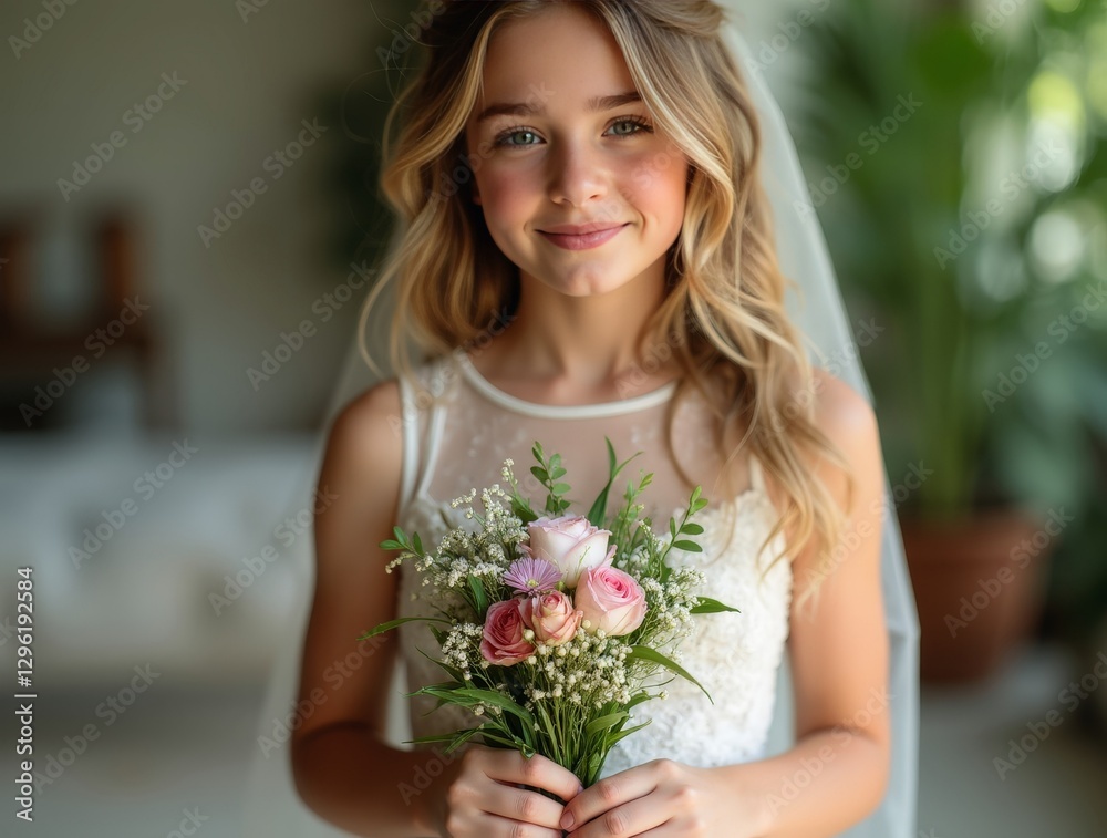 Young bride smiling and holding bouquet of pink roses Young bride smiling and holding bouquet of pink roses