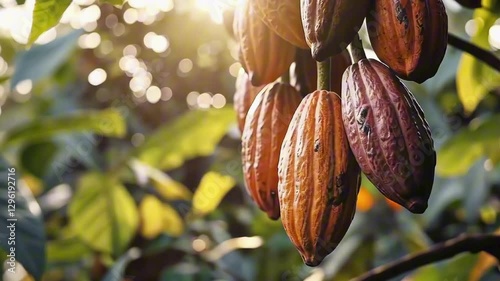 Red orange cocoa pods on a tree in the rays of the setting sun close-up. Good harvest of cocoa beans, growing cocoa trees for making chocolate. Cocoa plantation
