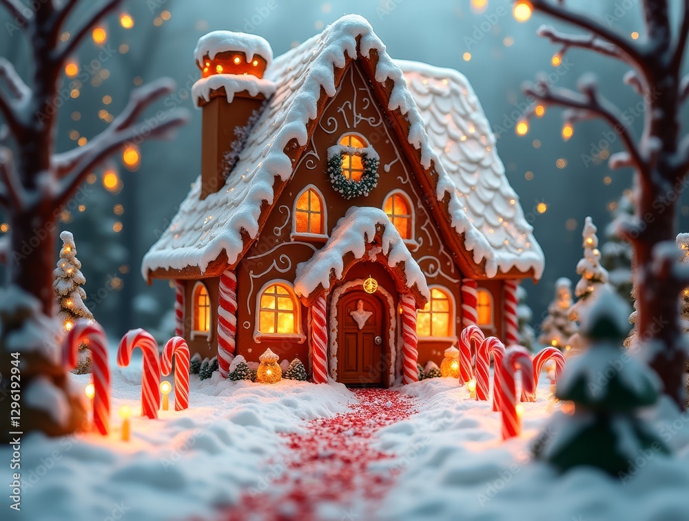 Fototapeta premium Enchanting gingerbread house with candy cane pillars