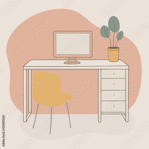 A black silhouette of a modern, monitor, a chair, and various decorative elements 