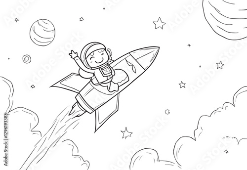 Cute Astronaut Riding a Rocket – Space Adventure Coloring Page