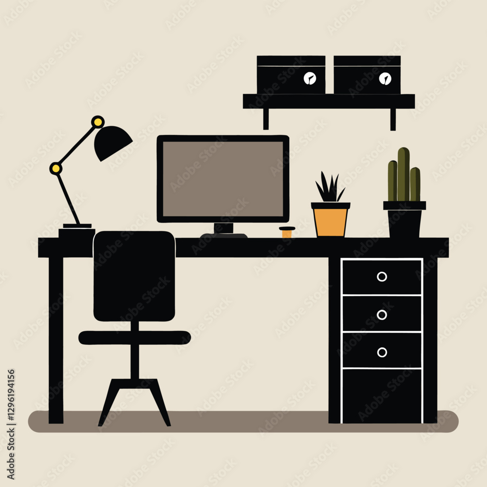A black silhouette of a modern, monitor, a chair, and various decorative elements A black silhouette of a modern, monitor, a chair, and various decorative elements