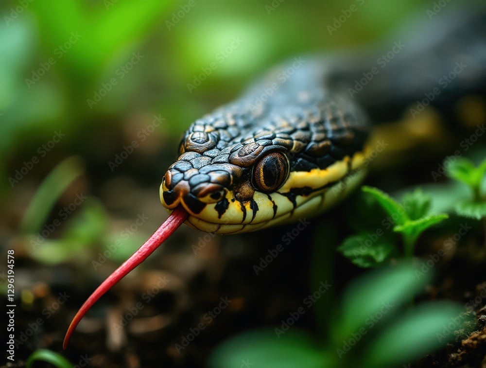 Obraz premium Venomous snake flicking tongue in lush jungle vegetation