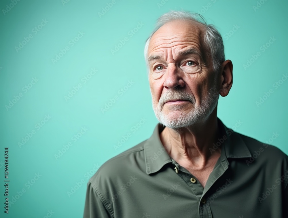 Fototapeta premium Portrait of hopeful senior man looking up on turquoise background