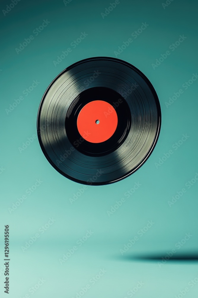 Fototapeta premium An isolated vinyl record hovers suspended above a blue surface