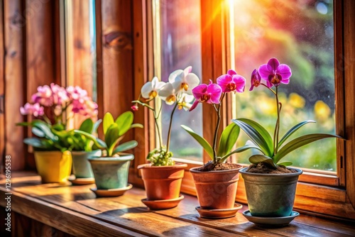 Wallpaper Mural Tiny orchid pots, a delightful tilt-shift windowsill display. Torontodigital.ca