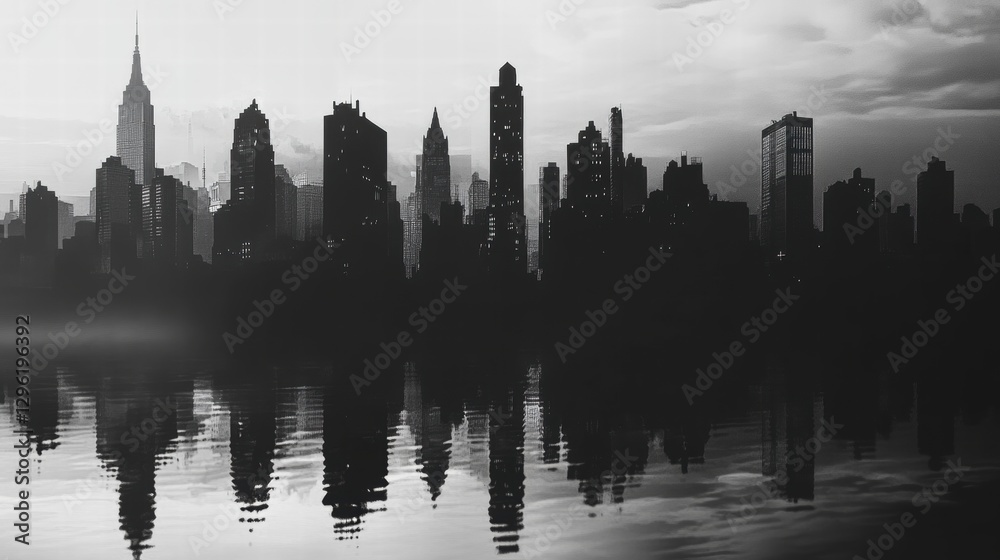 Fototapeta premium Cityscape Silhouette Reflection Urban Skyline Black and White