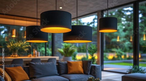 Modern living room lamps, evening garden view photo