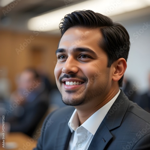 Un hombre hispano sonriendo mientras mira al frente en una sala de reuniones photo