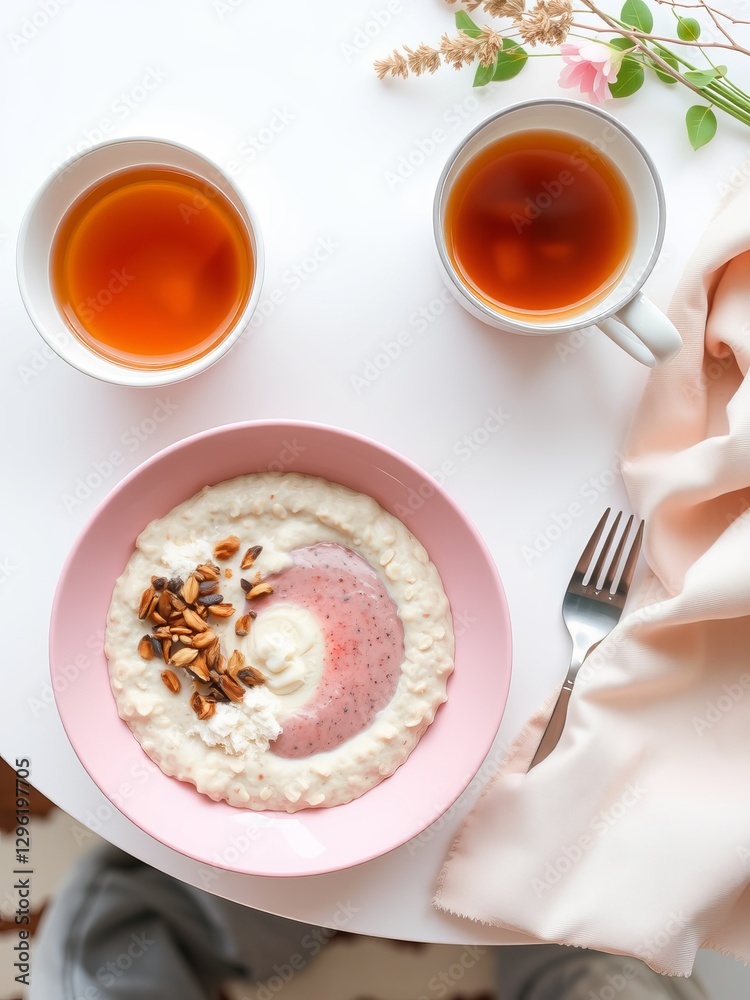 Healthy Breakfast Bowl of Oats with Fresh Fruits and a Warm Cup of Herbal Tea for a Cozy Morning Mood Healthy Breakfast Bowl of Oats with Fresh Fruits and a Warm Cup of Herbal Tea for a Cozy Morning Mood