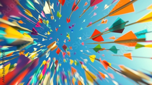 In a vibrant 3D rendering, a flurry of arrows streaks towards their targets, a symbol of triumph and burgeoning growth, as they pierce the sky, promising boundless possibilities. photo