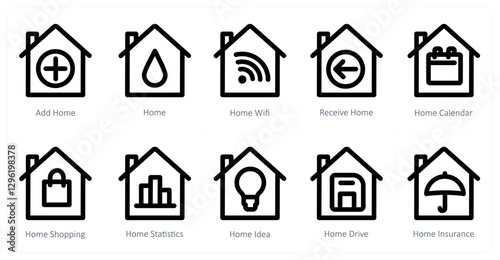 A set of 10 home icons as add home, home, home wifi, receive home