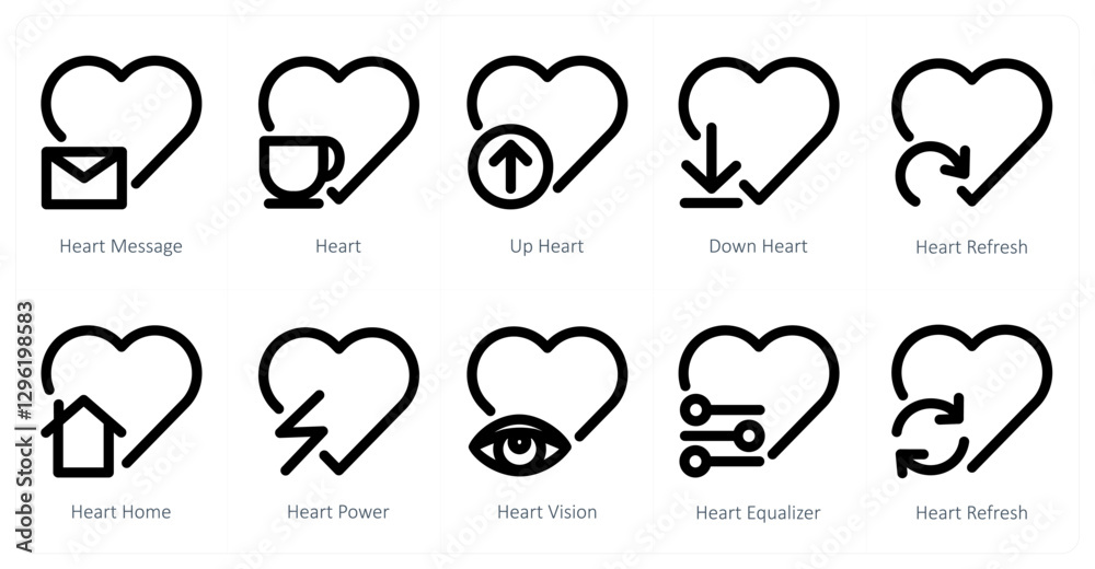 A set of 10 heart icons as heart message, heart, up heart