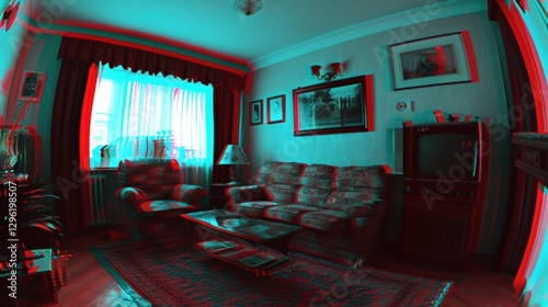 Exploration of an indoor space using a first person view in analog horror style with VHS glitches and flashlight at night