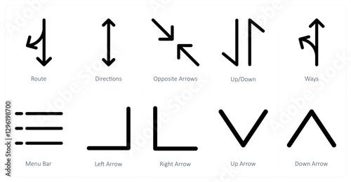 A set of 10 directions icons as route, directions, opposite arrows