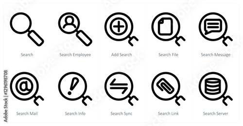 A set of 10 search icons as search, search employee, add search
