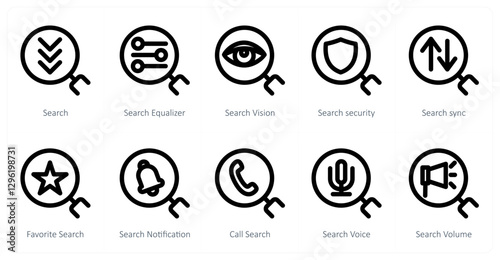 A set of 10 search icons as search, search equalizer, serach vision
