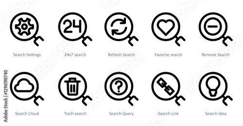 A set of 10 search icons as search settings, 24x7 search, refresh search