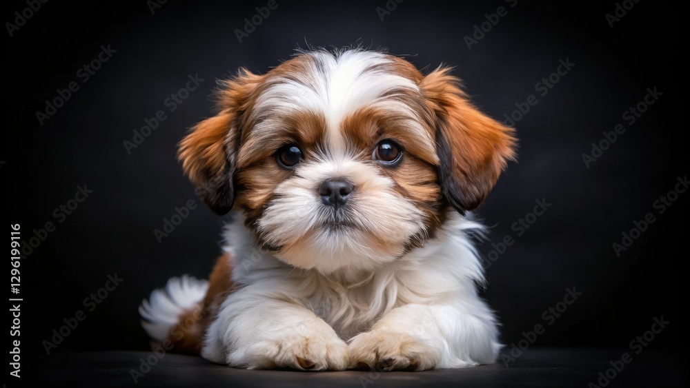 White and brown Shih Tzu puppy, adorable pet portrait, black background, rule of thirds composition.