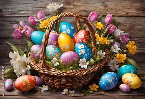 A cozy wooden backdrop with flowers and a basket of painted Easter eggs.