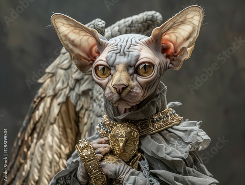 grey sphynx cat dressed as angel , smirking mischievously at the camera with mischievous detailed amber eyes , very detailed,