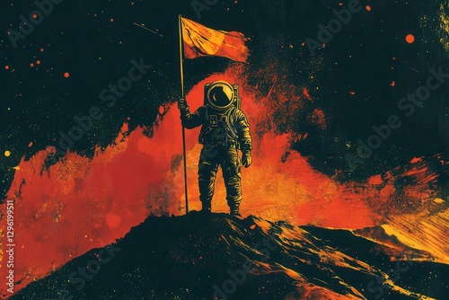 bold astronaut planting a flag on a crimson martian dune golden sunlight glinting off a helmet deep blacks and reds vibrant space grit wild cosmic courage