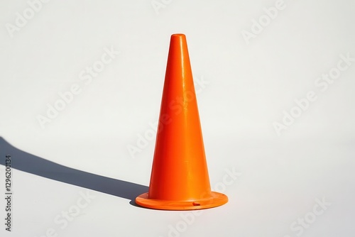 bold orange traffic cone standing upright against a white background reflective stripes glinting stark shadows urban and utilitarian simplicity photo