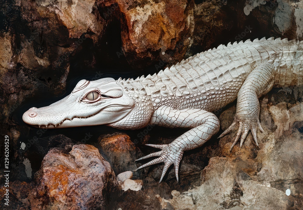 Obraz premium Stunning White Alligator Resting on Rocky Surface Surrounded by Natural Habitat in a Wildlife Conservation Setting